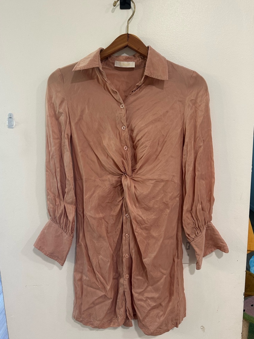 Chloé Twist Front Long Sleeve Shirt Dress Women's Size Small Dusty Pink Silk